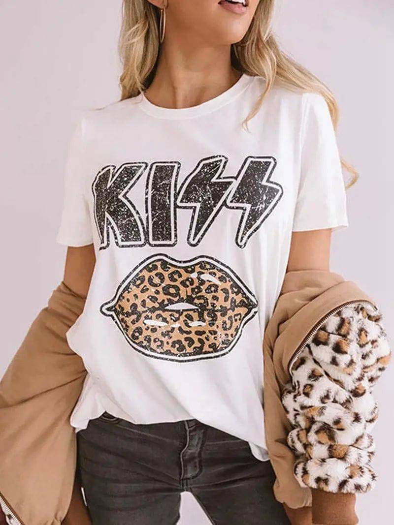 Graphic Print Loose Fit Short Sleeve T-Shirt with Unique Pattern  S White-6 