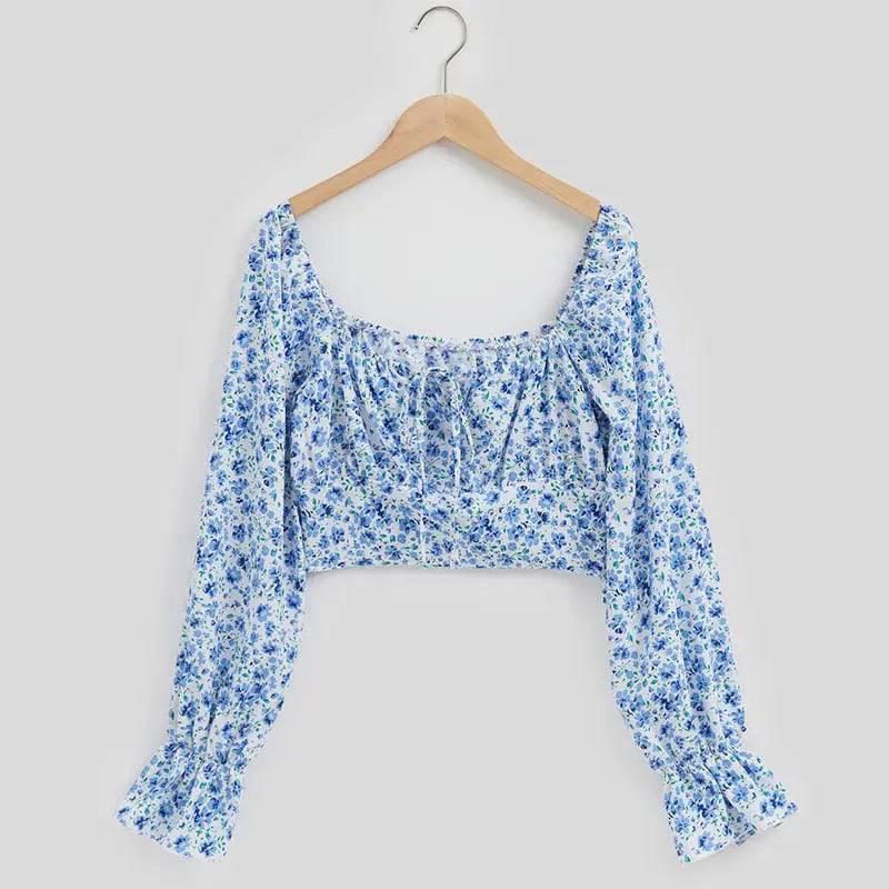 Graceful Puff Sleeve Floral Chiffon Blouse with French Off Neck  S Blue 