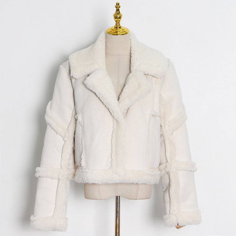 Leather Fur Thickened Coat for Women Winter Polo Collar Solid Color Stitching Lamb Wool Short Jacket for Women  One Size Ivory 