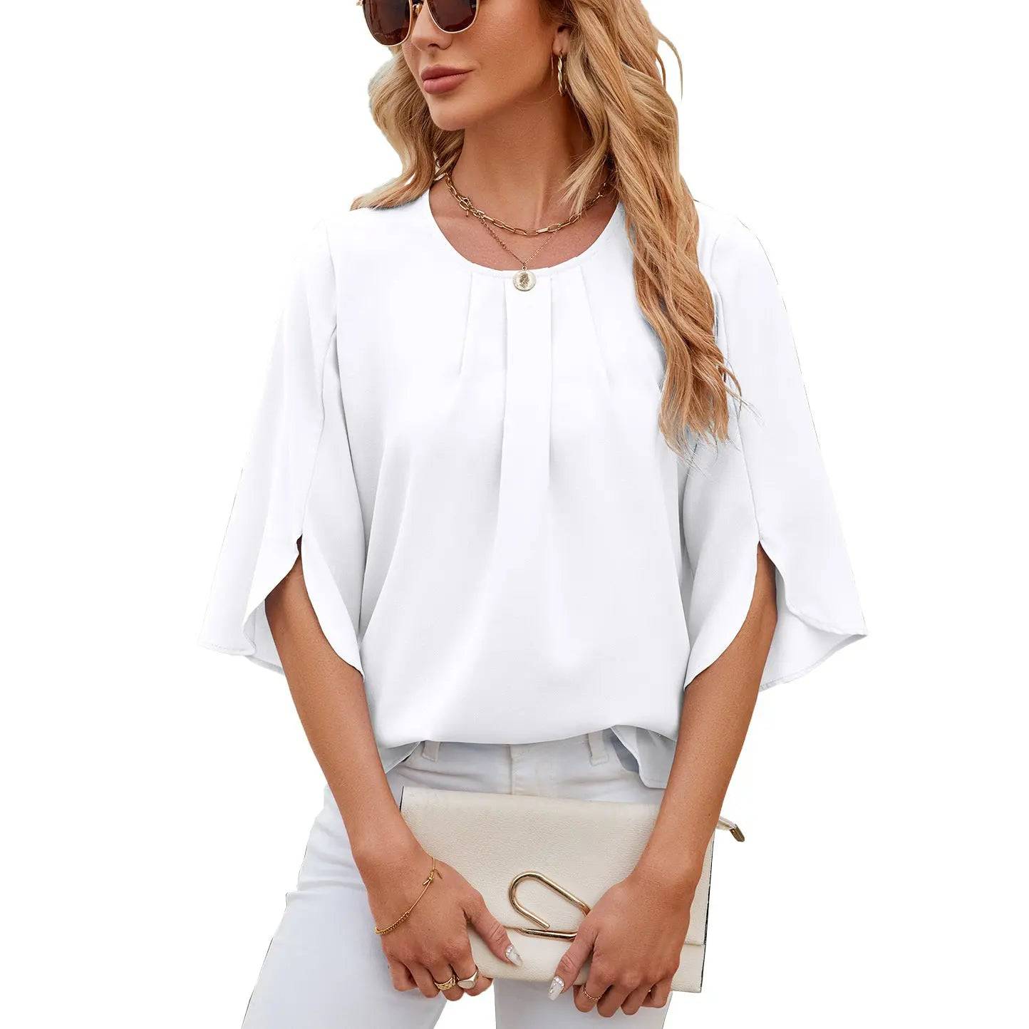 Flowy Summer Chiffon Shirt for Women with Round Neck and Versatile Sleeves  S White 