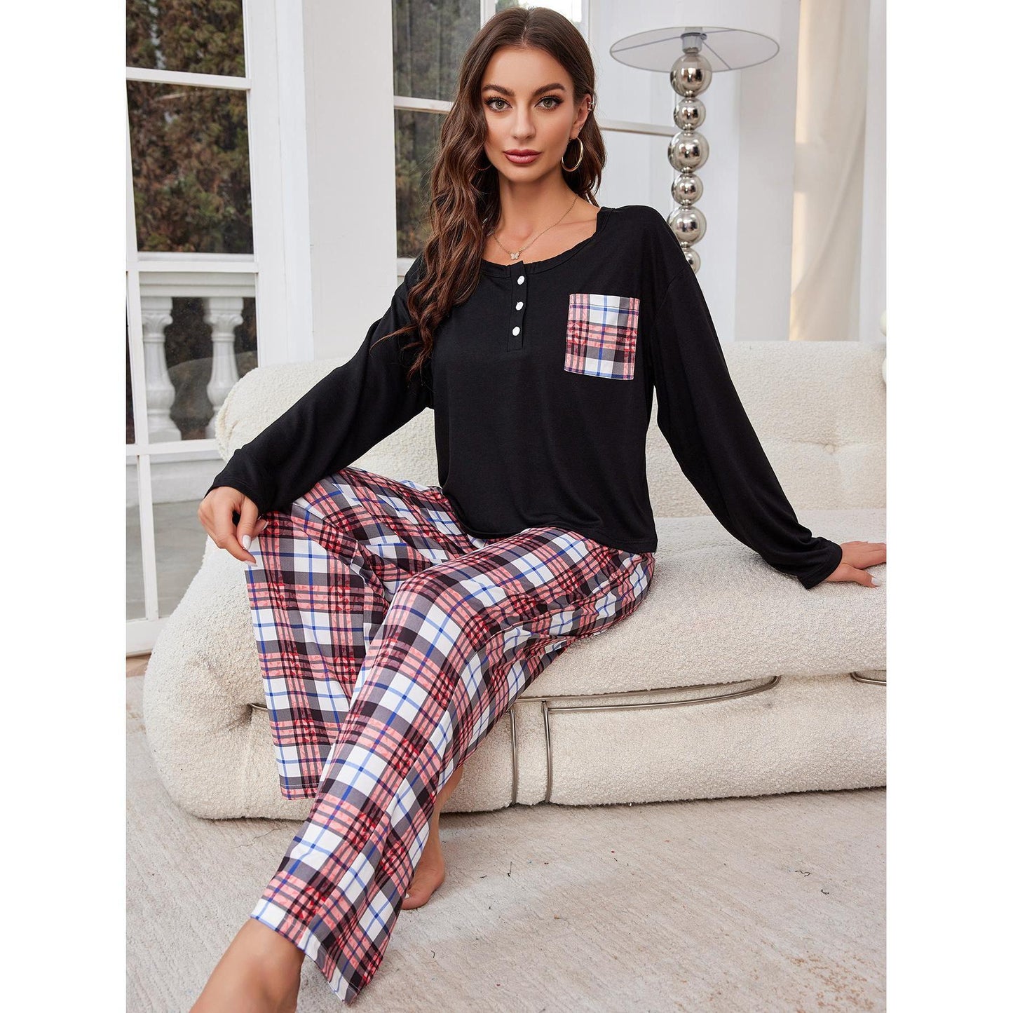 Ladies Home Casual Autumn Winter Casual Plaid Trousers Long Sleeved Pajamas Women  S Black 