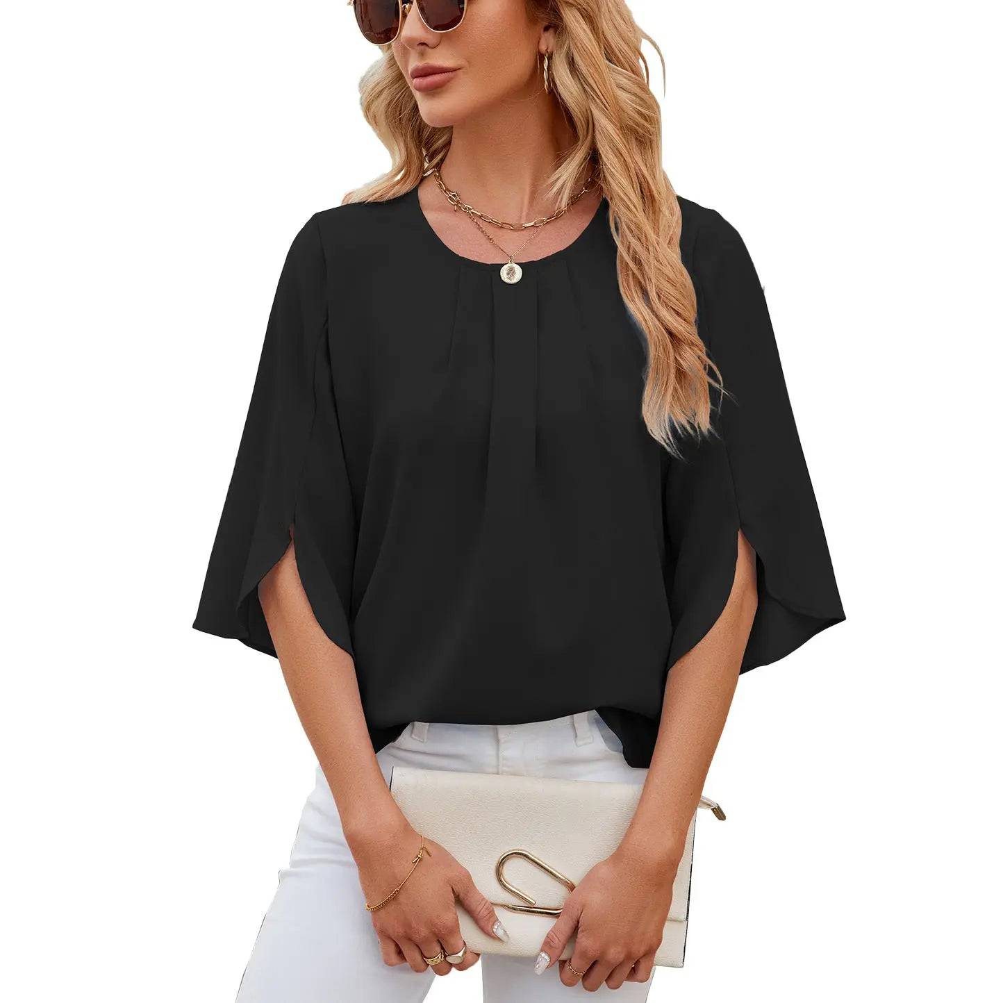 Flowy Summer Chiffon Shirt for Women with Round Neck and Versatile Sleeves  S Black 