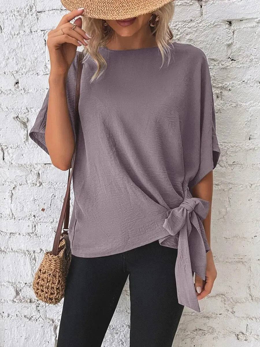 Summer Loose-Fit Batwing Sleeve Knotted T Top for Women  S Purple 