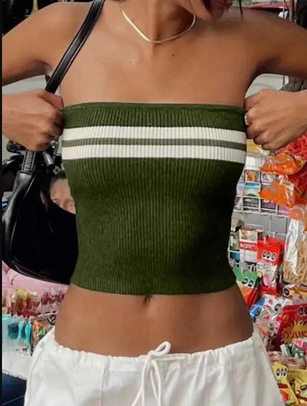 Striped Color Block Knitted Tube Top for Women - Sleek and Sexy Slim Fit  S Olive 