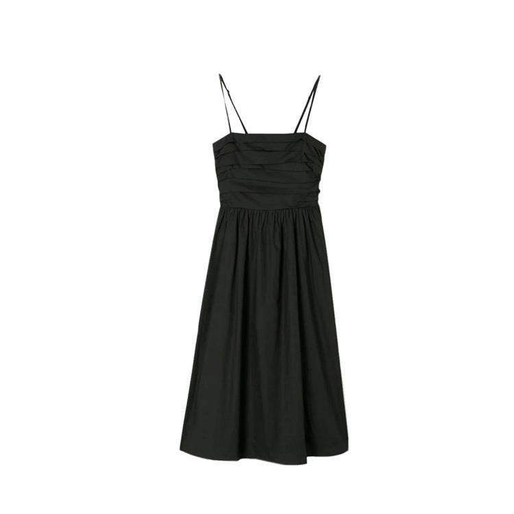 Elegant Retro Pleated Suspender Midi Dress - Summer Formal Wear  S Black 