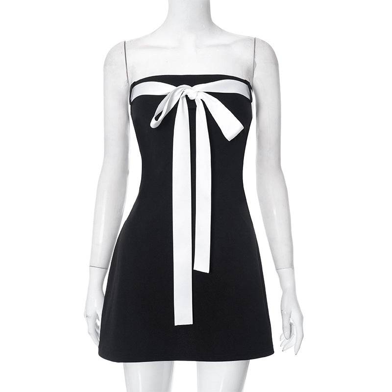 Seductive Backless Tubed Top Short Dress with Bow Detail  S Black 