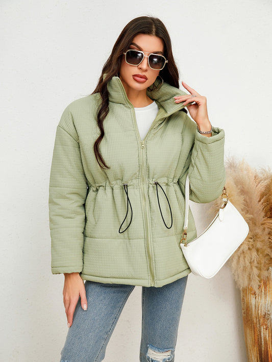 Women Wear Corduroy Cotton Coat Winter Loose Collared Zipper Cinched Drawstring Cotton Padded Coat - Wild Amber Fashion