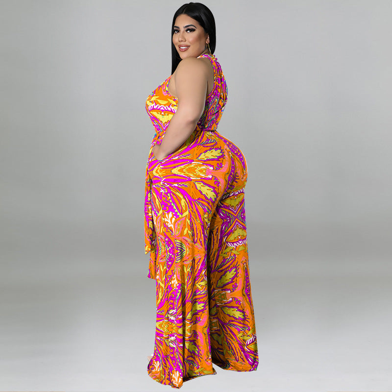 Plus Size Women Clothes Printing Collar Jumpsuit - Wild Amber Fashion