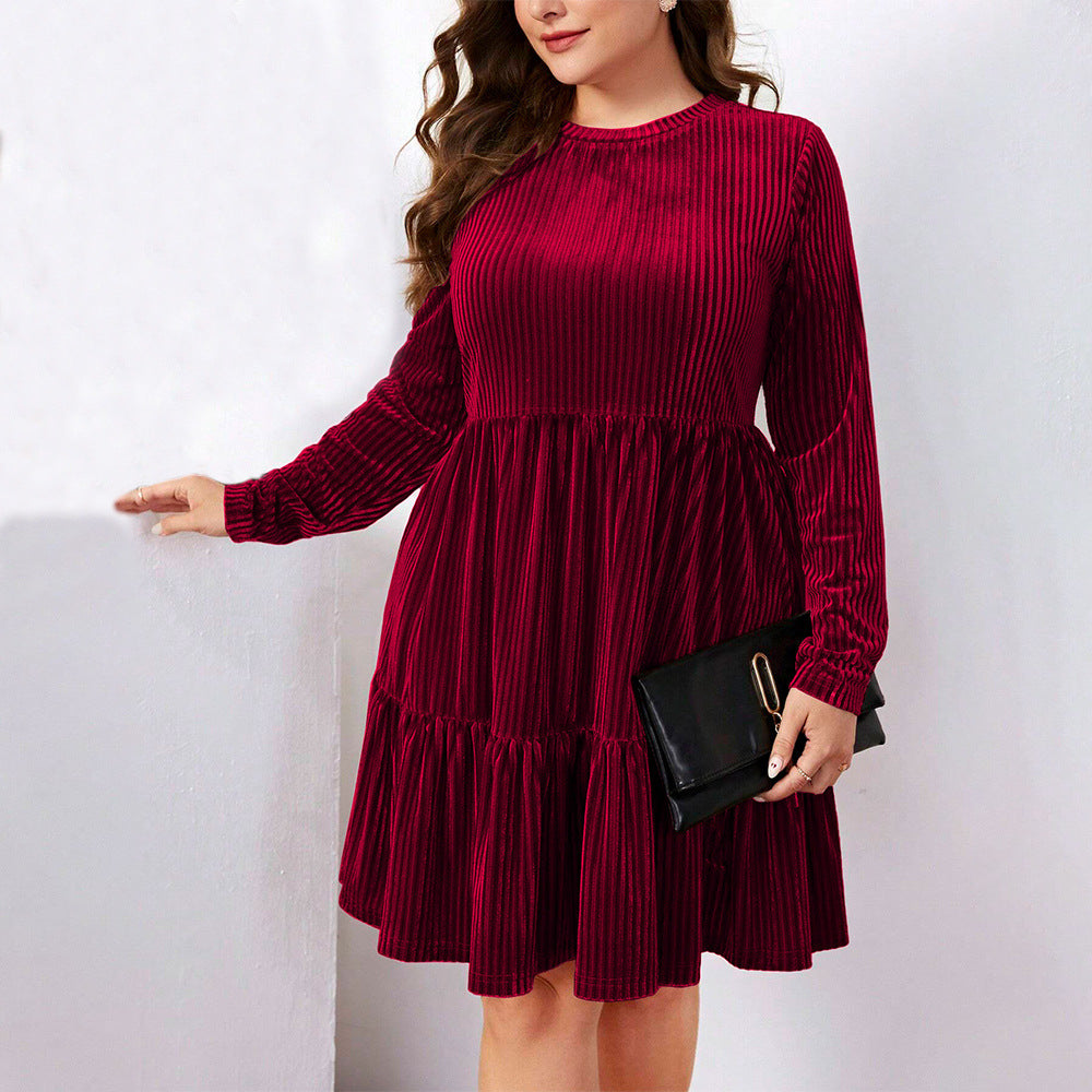 Plus Size Women Clothing Elegant Wine Red Dress Autumn Winter High Waist A Line Dress - Wild Amber Fashion