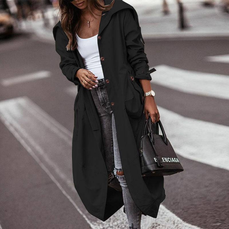 Stylish Mid-Length Trench Coat for Fall and Winter  S Black 