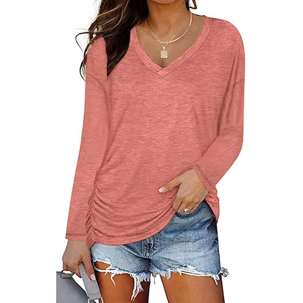 Elegant V-Neck Long-Sleeved T-Shirt with Pleating  S Pink 