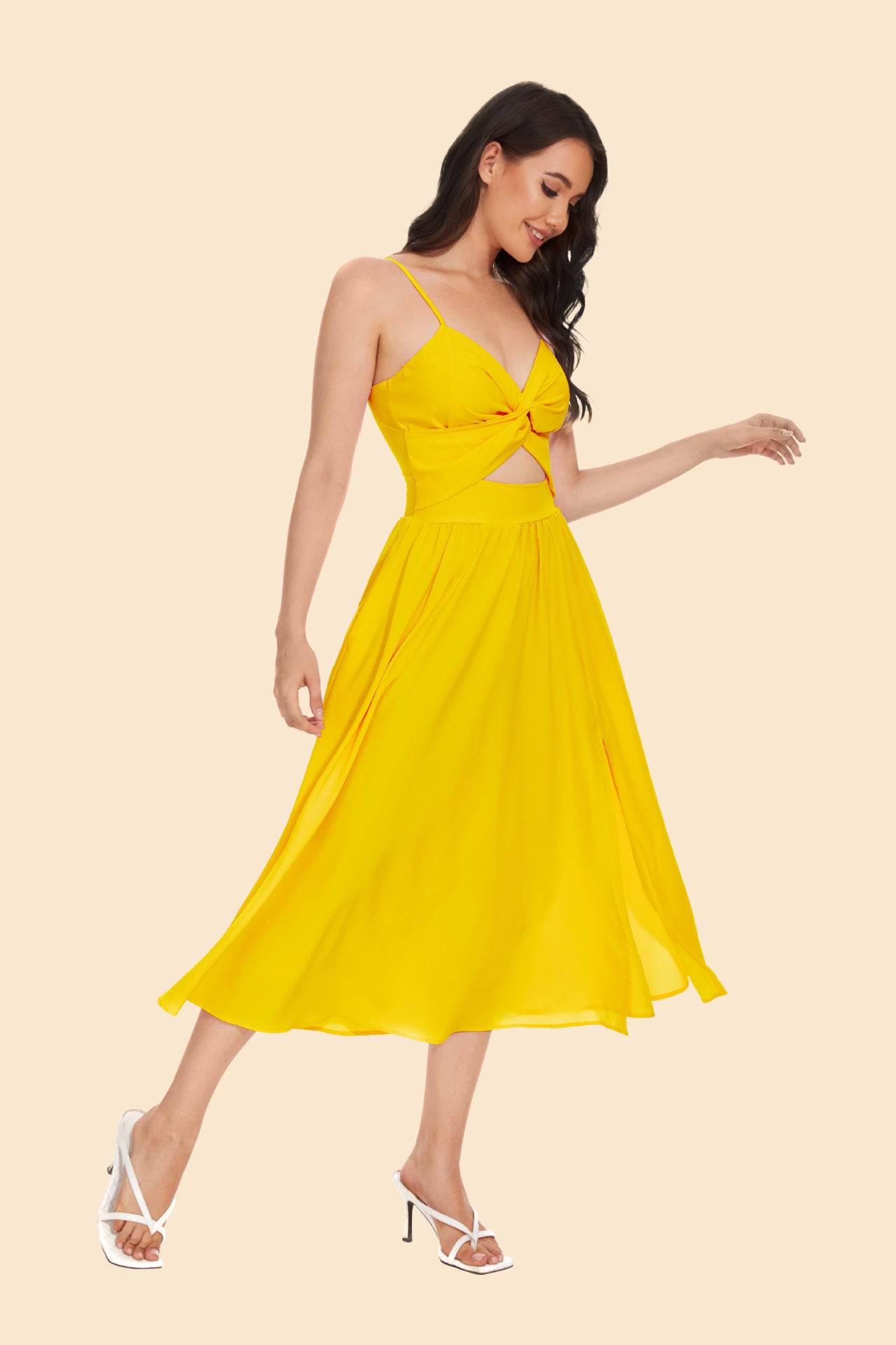 Summer Sweet Macaron Color Sling Waist Maxi Dress  S Yellow 