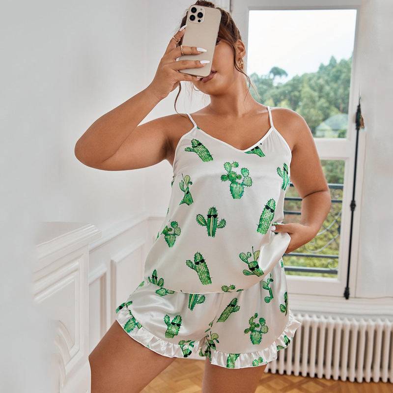 Plus Size Backless Strap Pajamas Women Simple Cactus Suspender Shorts Seit Casual Loose Home Wear - Wild Amber Fashion