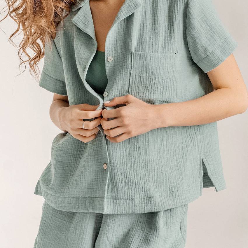 Women Summer Cotton Linen French Simplicity Sports Shirt Shorts Double Layer Gauze Pajamas Women Homewear - Wild Amber Fashion