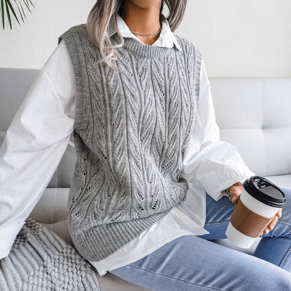 Stay Cozy and Stylish Hollow Out Leaves Knitted Vest Sweater for Women  S Gray 