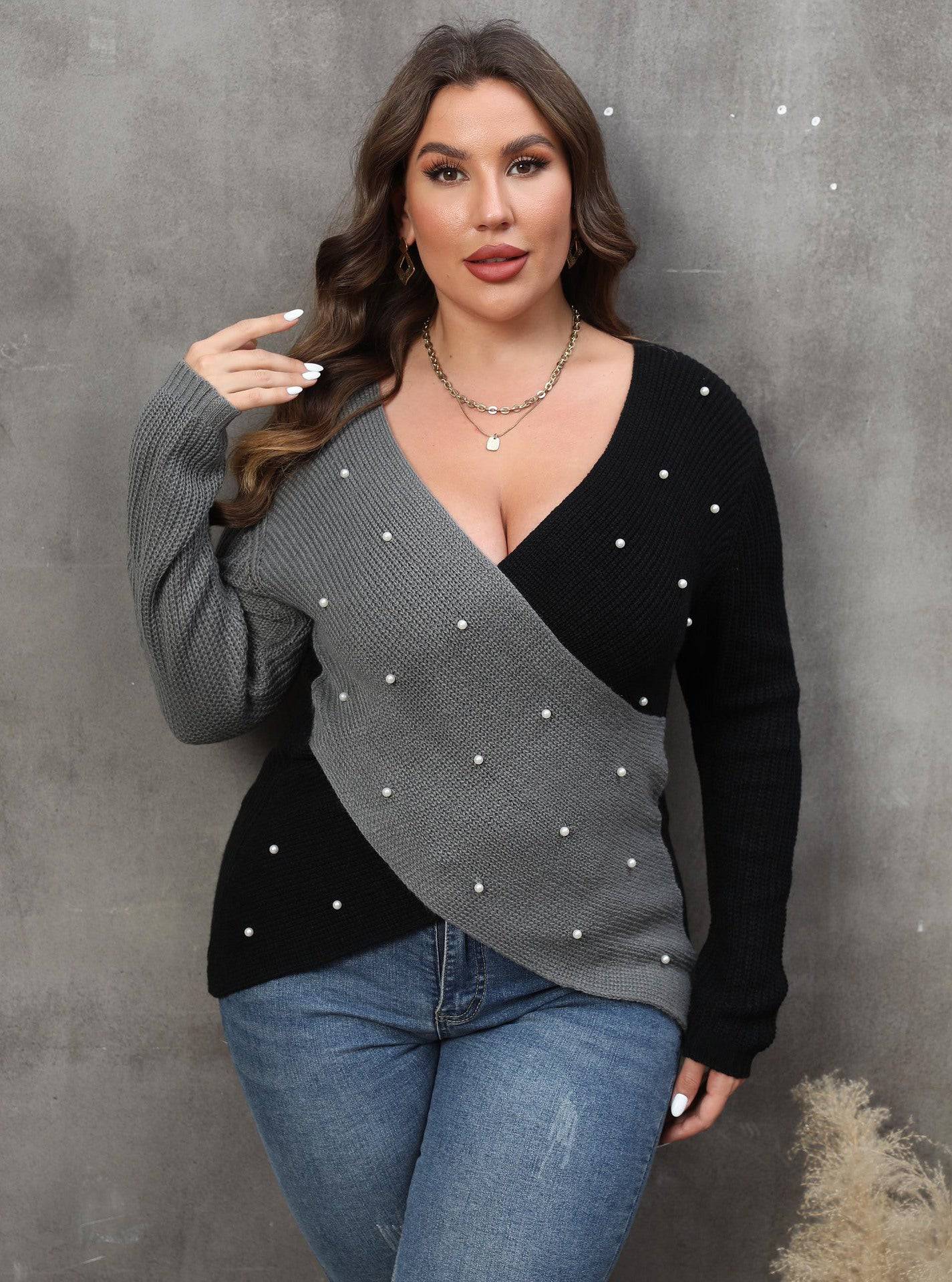 Plus Size Women Clothes Color Contrast Patchwork Deep V Plunge Cross Sexy Beaded Sweater - Wild Amber Fashion