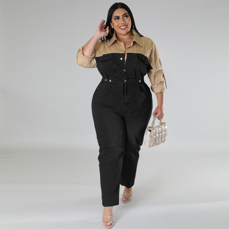 Plus Size Women Clothes Denim Contrast Color Jumpsuit - Wild Amber Fashion