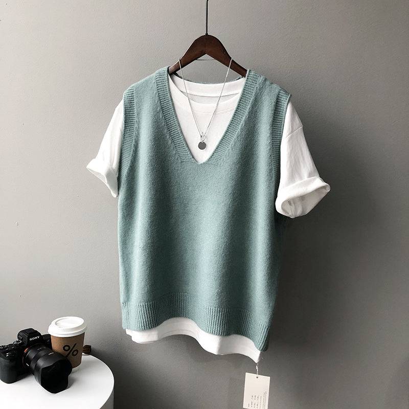 Knitted Vest Women Spring Preppy V neck Loose Idle Sleeveless Waistcoat  One Size Green 