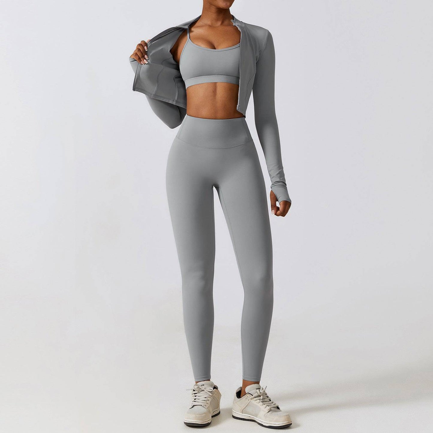 Elevate Your Active Style Three Piece Yoga Set  S Bra Coat Trousers Rhino Gray 