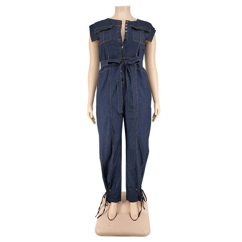 Plus Size Women Clothing Autumn New Denim Short Sleeve Wash Jumpsuit Trousers Sexy New - Wild Amber Fashion