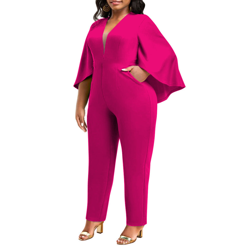 Plus Size Sexy Solid Color Bat Cloak Sexy V Neck Jumpsuit - Wild Amber Fashion