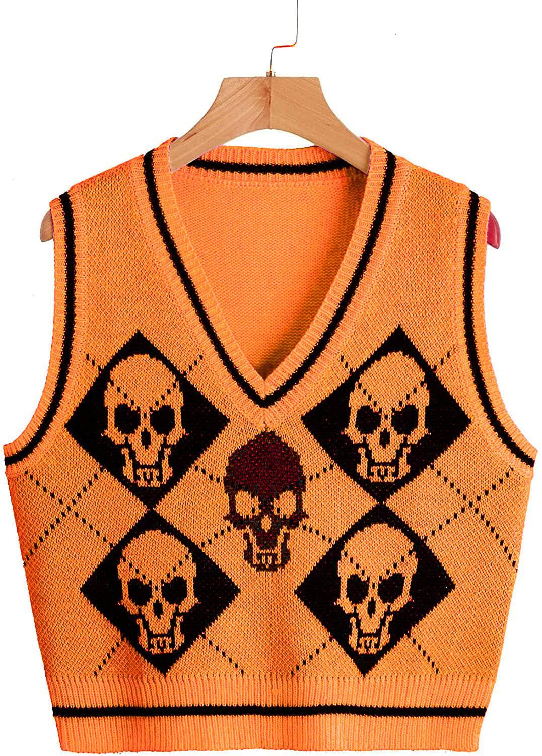 Knitted V-Neck Halloween Sweater for Women  S Orange 