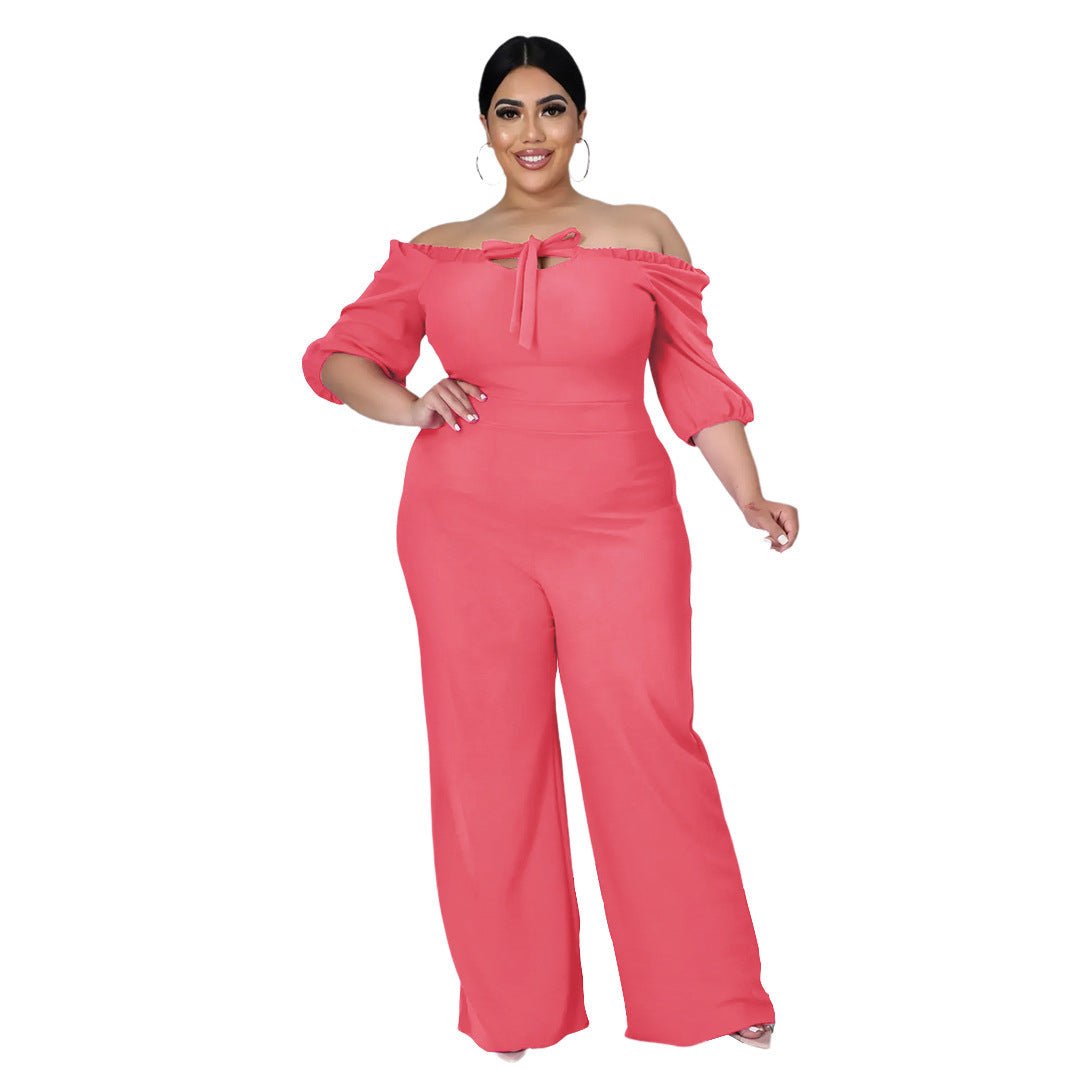 Plus Size Solid Color off-Shoulder Strap Wide-Leg Jumpsuit Women - Wild Amber Fashion