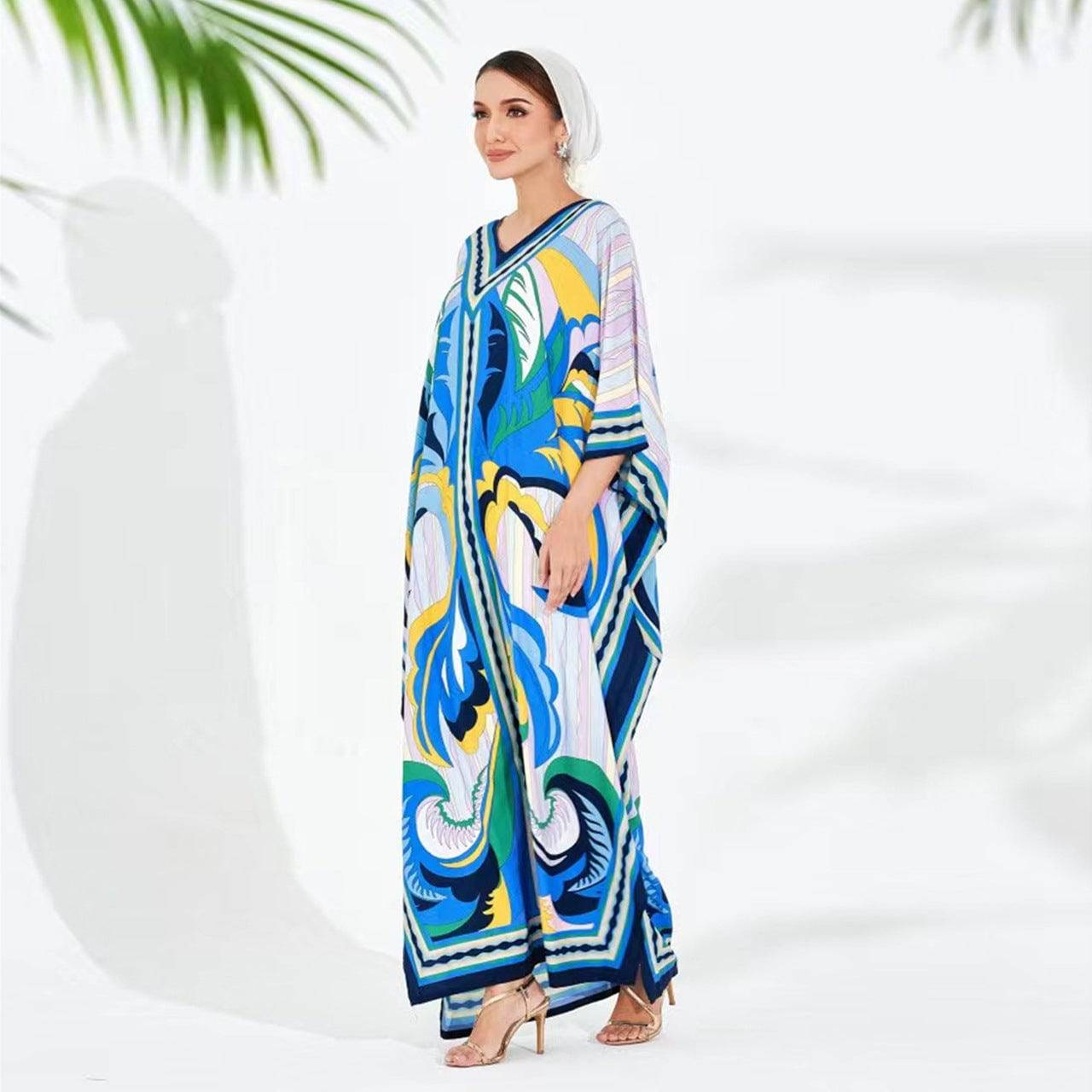 Printed Maxi Beach Dress for Women - Boho Vacation Style  One Size Blue 