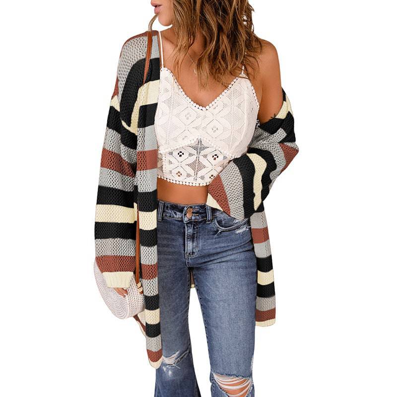 Striped Contrast Color Cardigan Coat Sweater for Women - Spring/Autumn Collection  S Black 