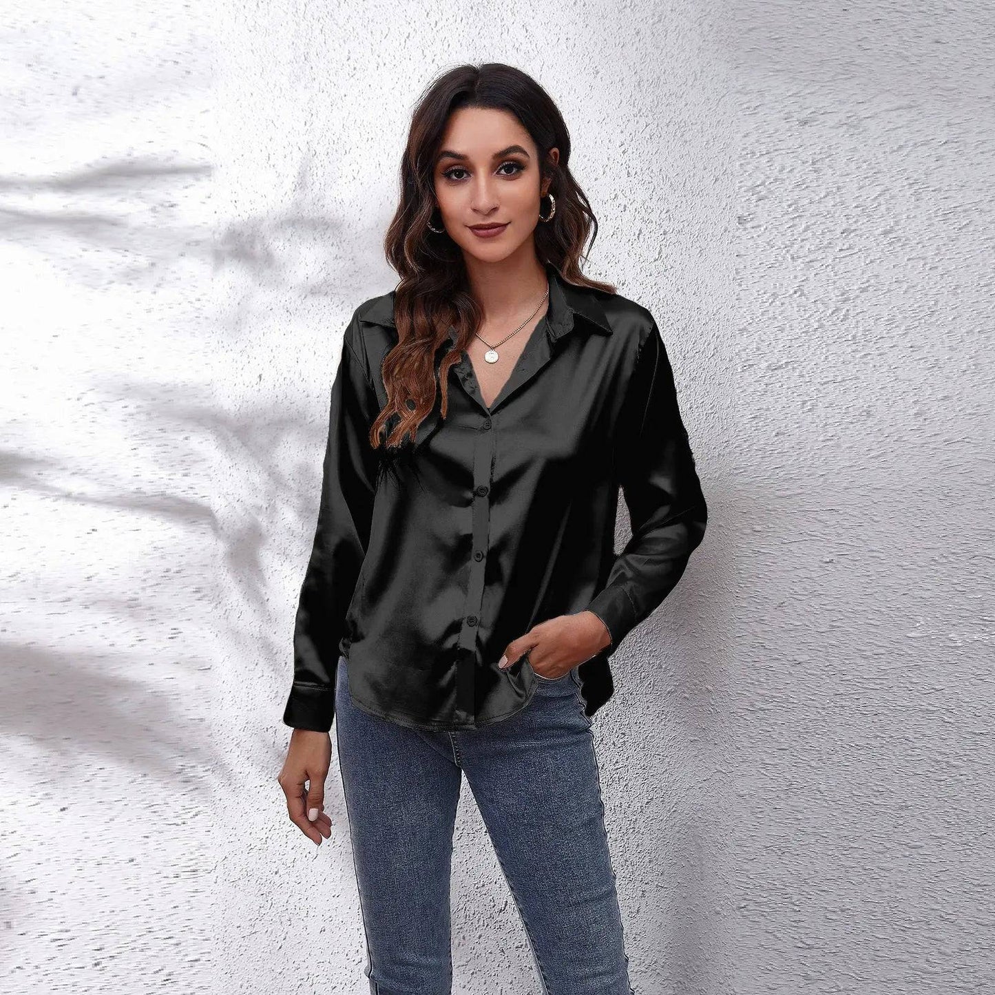 Satin Silk Long Sleeve Shirt for Women  S Black 