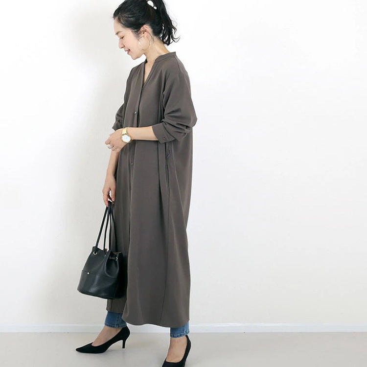 Autumn Winter Shirt Base Dress Women Solid Color Loose Casual V neck Maxi Dress - Wild Amber Fashion