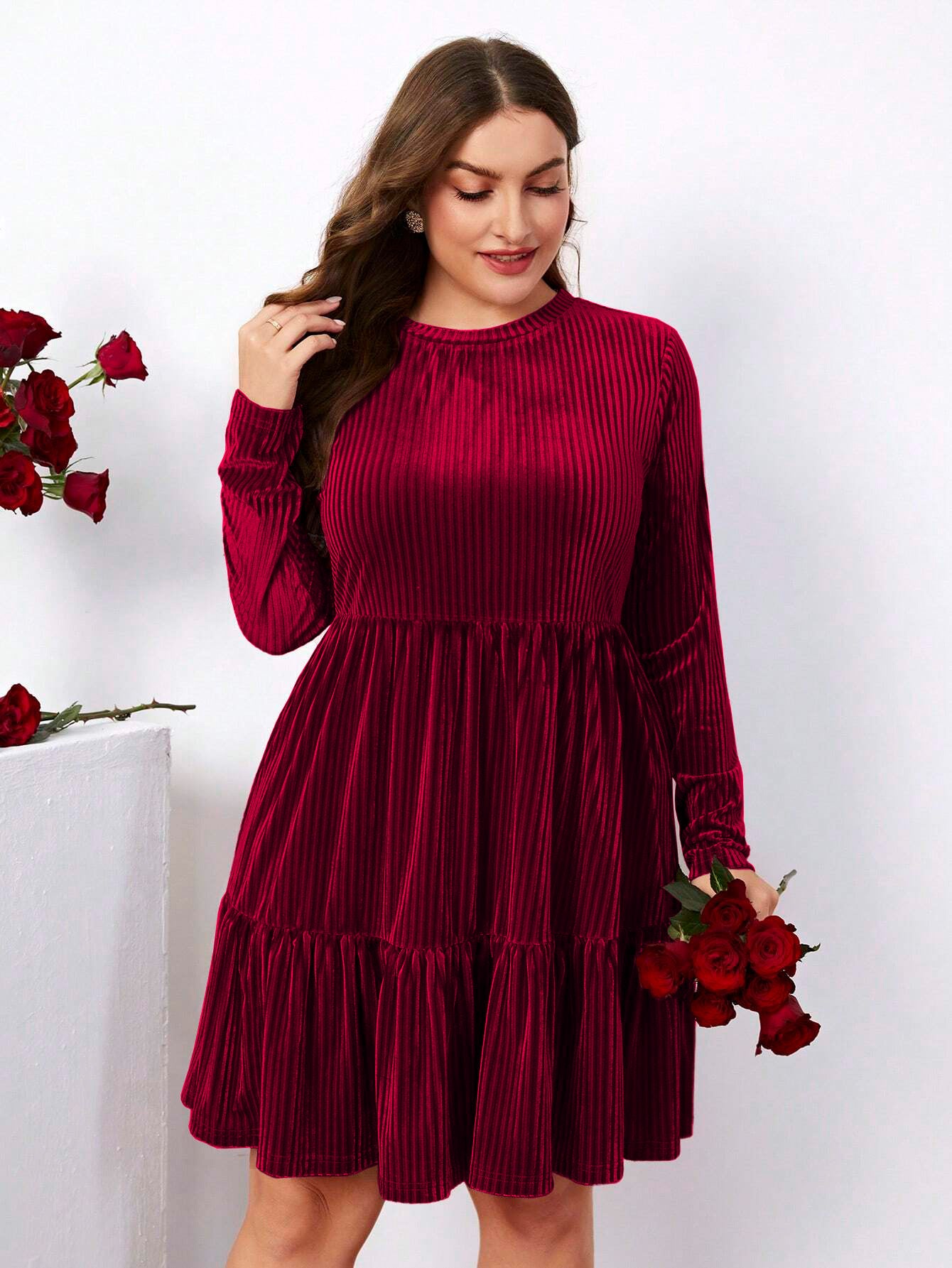 Plus Size Women Clothing Elegant Wine Red Dress Autumn Winter High Waist A Line Dress - Wild Amber Fashion