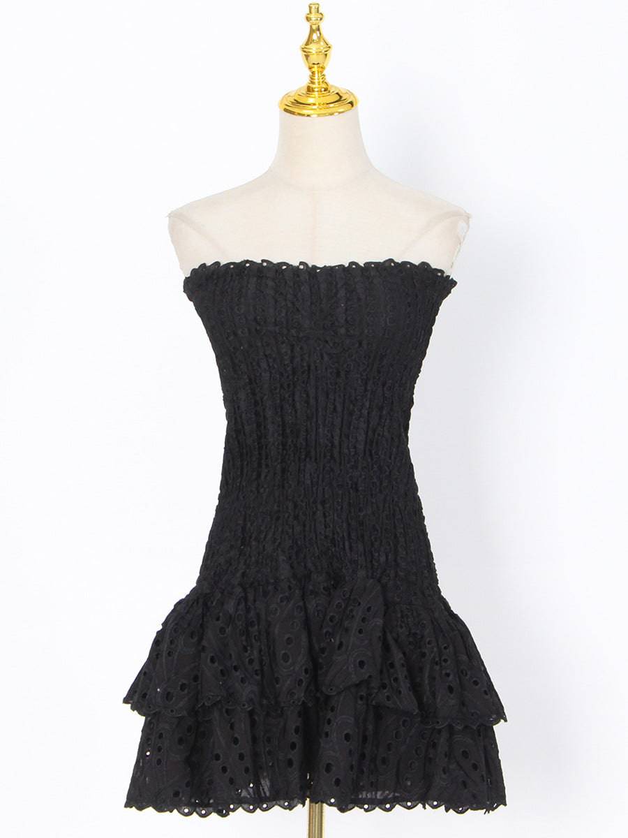 Elegant Solid Color Strapless Embroidered A-Line Dress for Women  S Black 