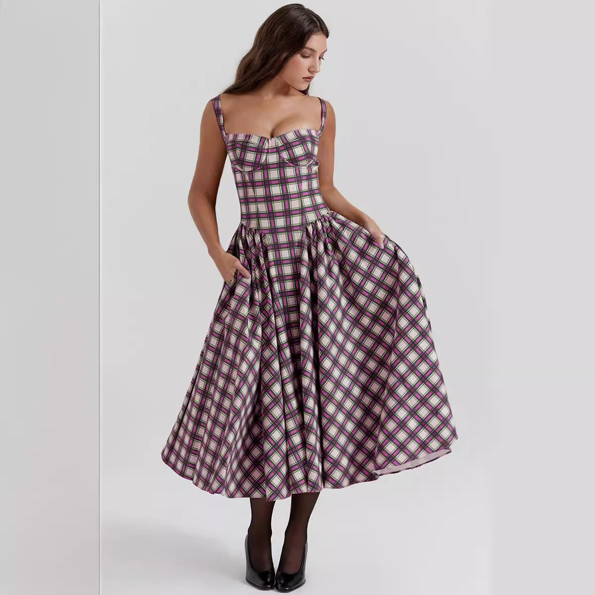 European Girl Summer U Neck Plaid Sling Slim Waist Retro Big Swing Dress Women - Wild Amber Fashion