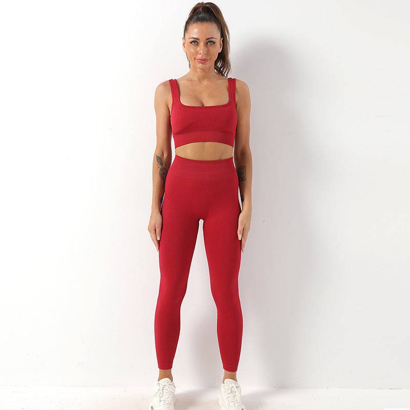 Ultimate Comfort Seamless Yoga Set with Shockproof Sports Bra and High-Rise Fitness Trousers  S Wine Red Strap Bra Trousers 