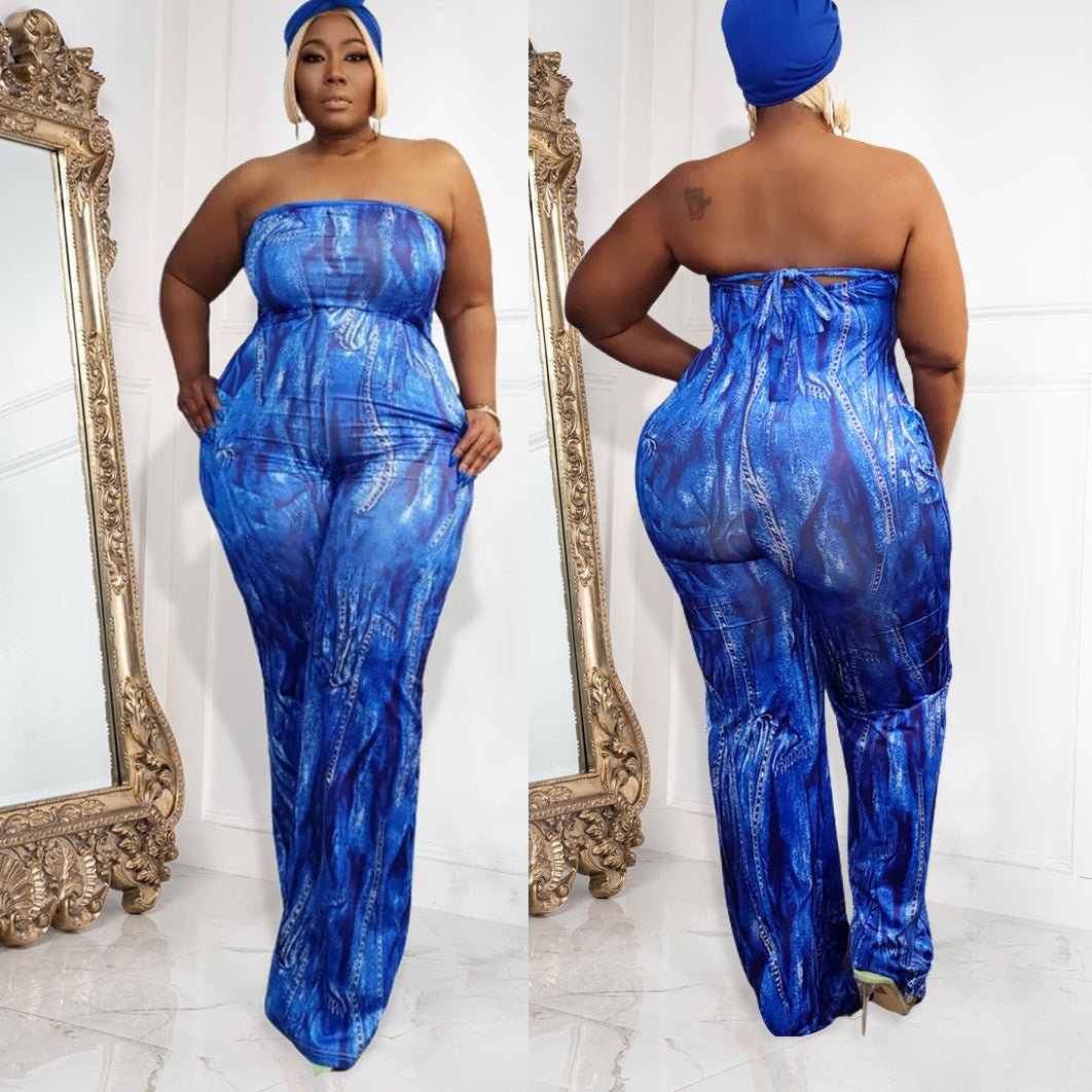 Plus Size Women Clothes Spring Summer Sexy Tube Top Lace Up Jumpsuit Denim Pattern Wide Leg Jumpsuit - Wild Amber Fashion