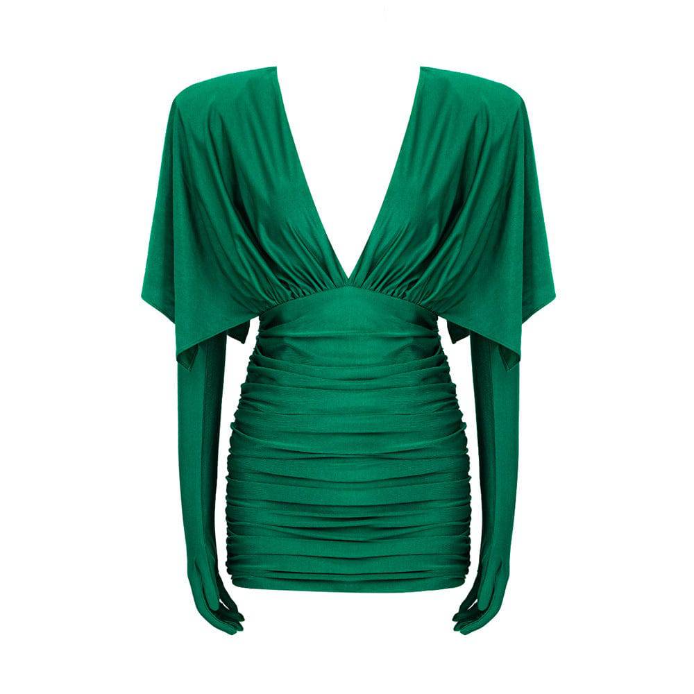 Green Satin Bodycon Dress with Ruched V-Neck and 1/2 Sleeves  XS Green 