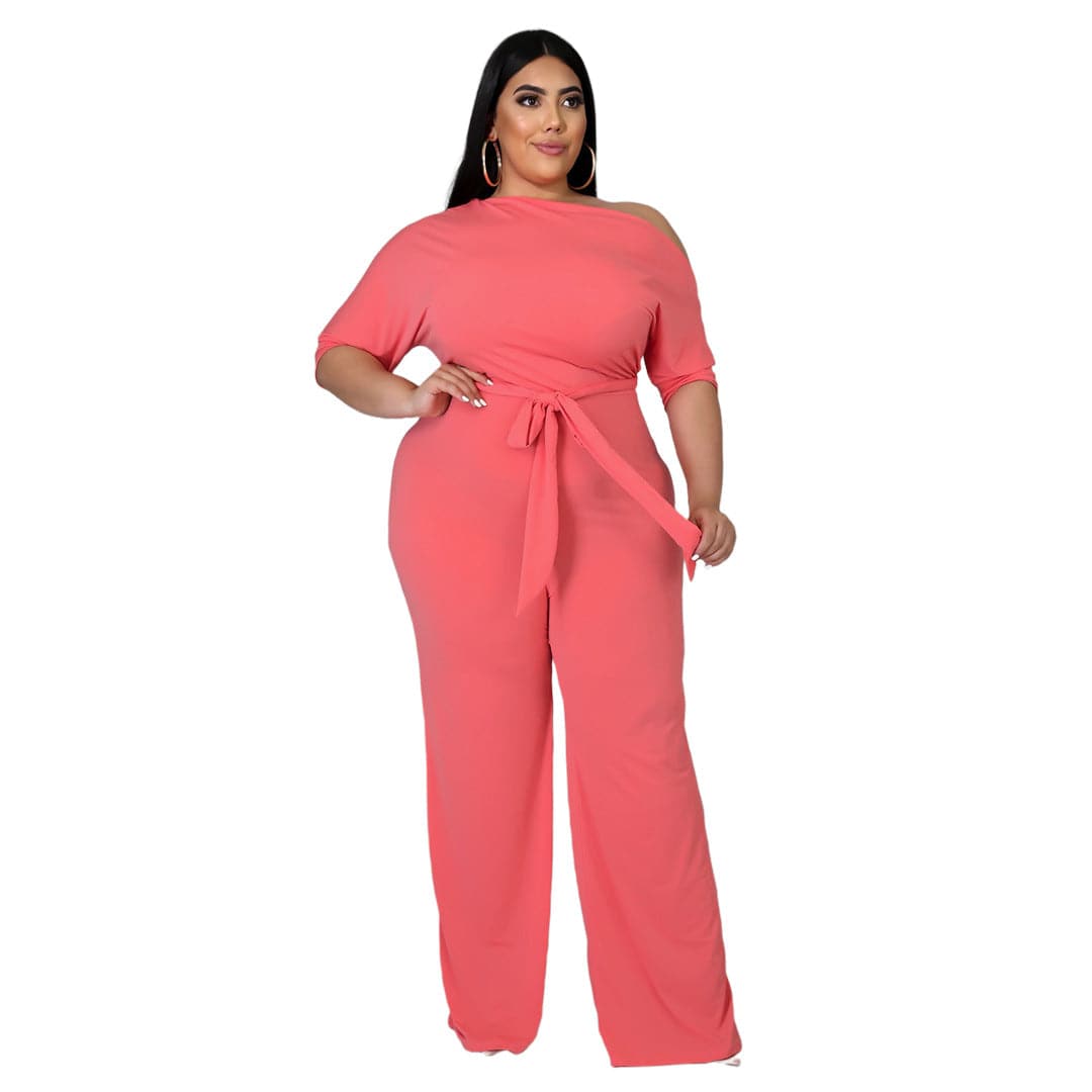 Trendy Plus Size Lace-Up Horn Jumpsuit for Women with Oblique Shoulder Design  XL watermelon red 