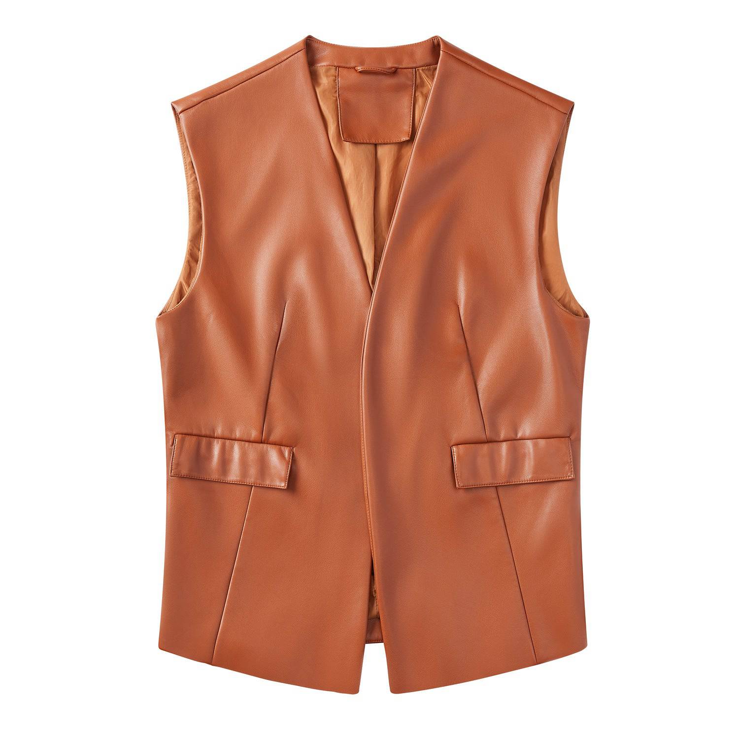 Sleek Plus Size Sleeveless Faux Leather Vest  S camel 