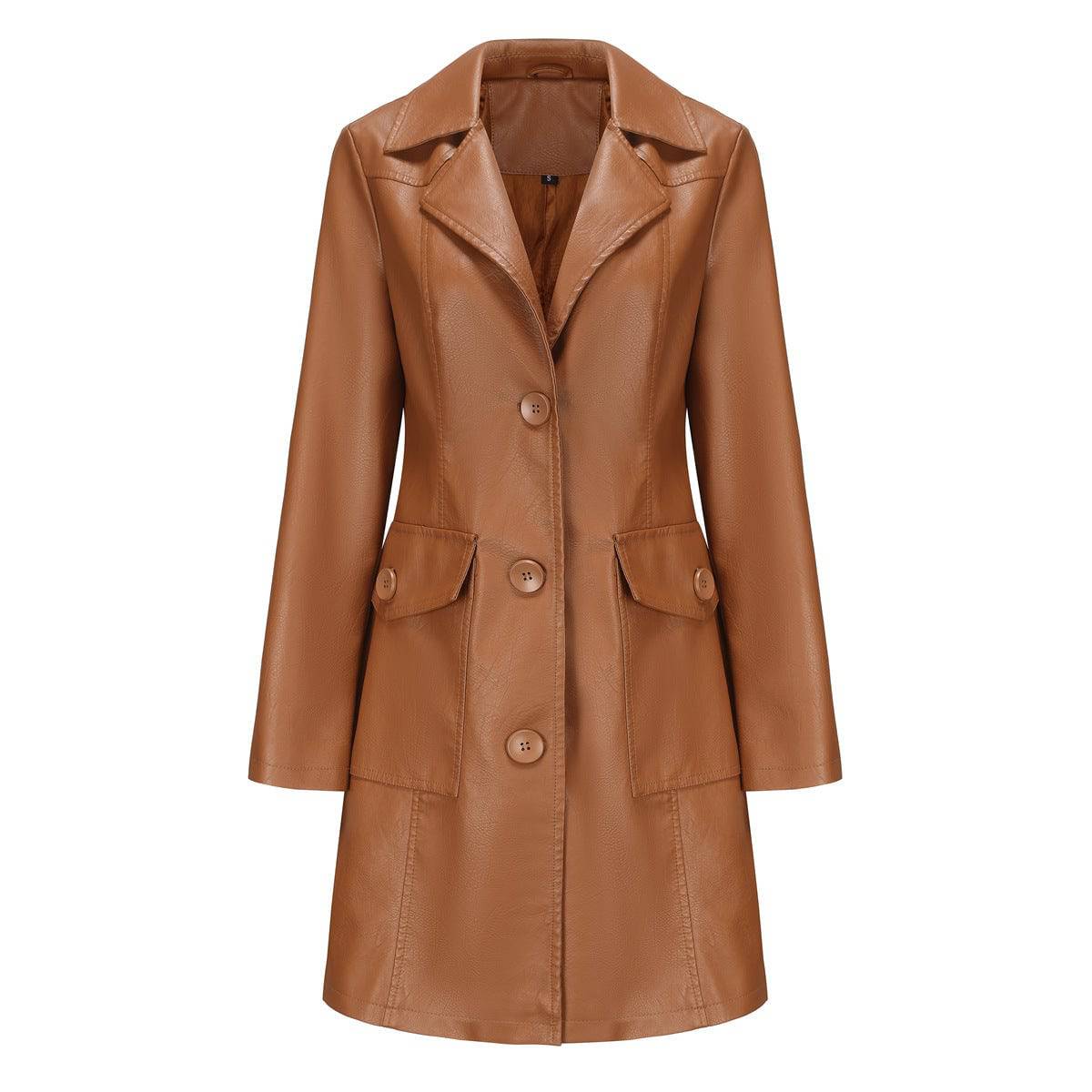 Long Leather Coat Spring Autumn Long Sleeve Leather Wind Coat British Coat Women Collared Single Breasted  S camel 