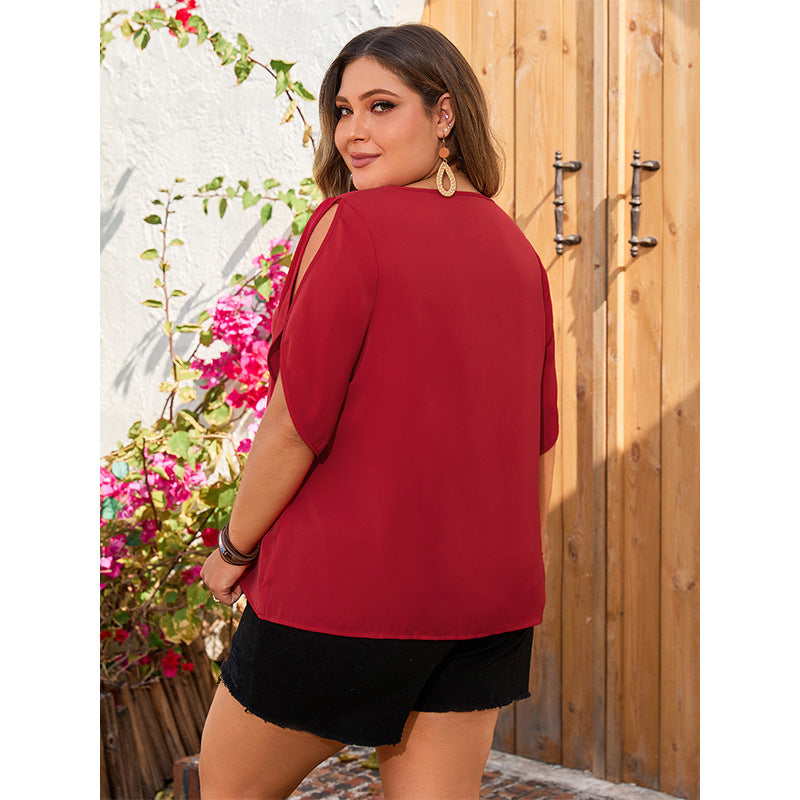 Plus Size Shirt Summer V neck Red Short Sleeve Top Loose Short Sleeve Shirt - Wild Amber Fashion