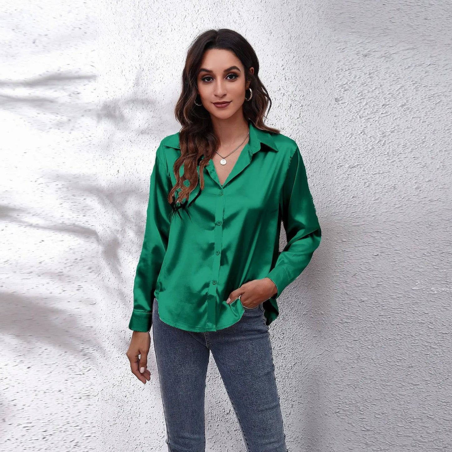 Satin Silk Long Sleeve Shirt for Women  S Green 