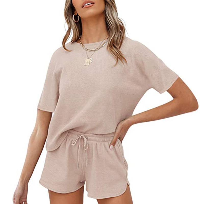 Rib Short-Sleeved Home Wear Solid Color Casual Two-Piece Pajamas Suit - Wild Amber Fashion