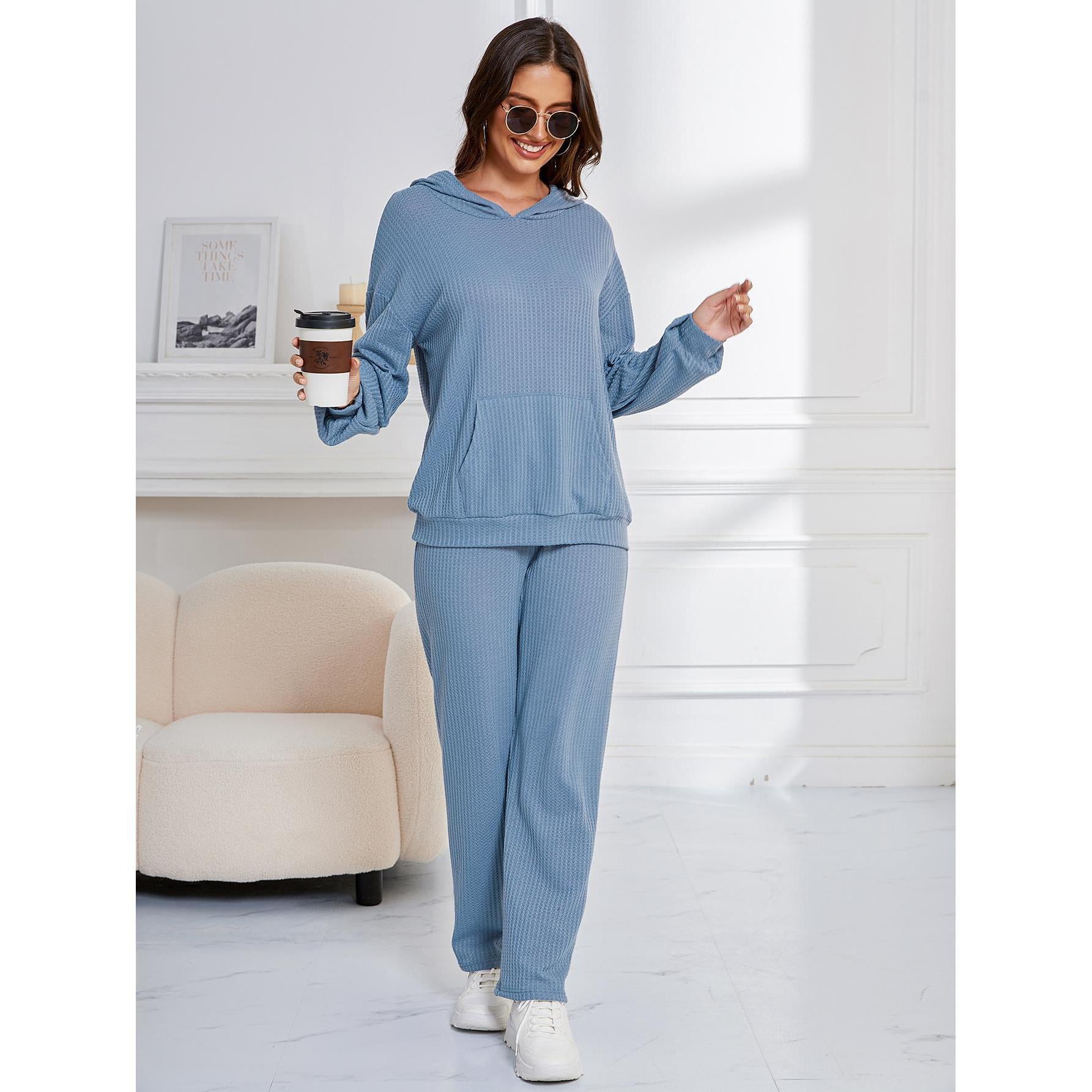 Hooded Casual Suit Women Pajamas Waffle Loose Long Sleeved Trousers Two Piece Home Wear - Wild Amber Fashion