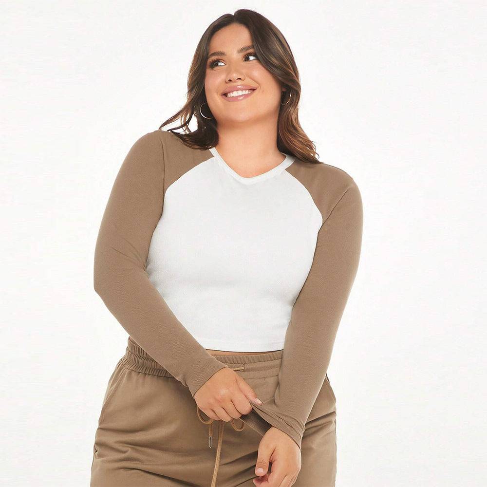 Stylish Slim Fit Patchwork Long Sleeve T-Shirt for Plus Size Women  1XL Khaki 