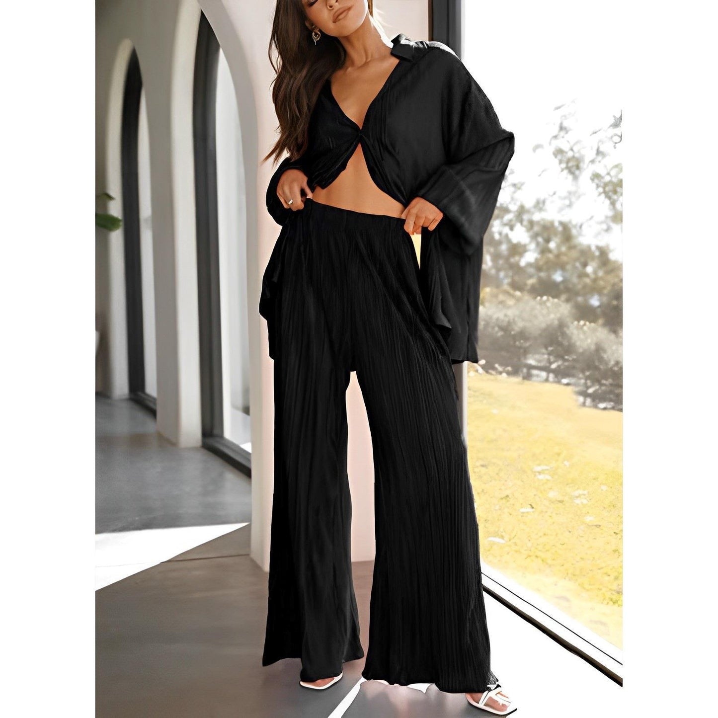 Spring Summer Women Solid Color Pleated Single Breasted Top High Waist Wide Leg Bell Bottoms Homewear Suit - Wild Amber Fashion