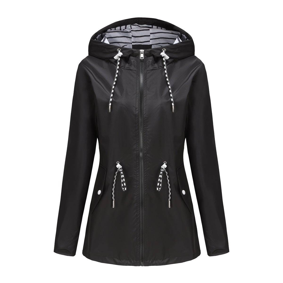 Long Sleeved Waterproof Mid Length Trench Coat Women Hooded Striped Raincoat Women Clothing  S Black 