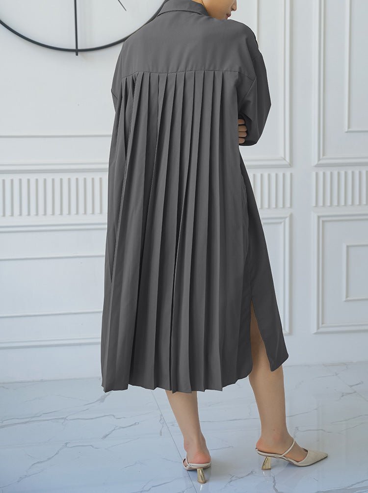 Spring Autumn Loose Overknee Dress Women Casual Large Version Back Pleated Long Shirt Dress - Wild Amber Fashion