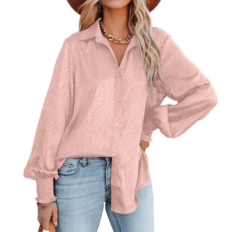 Zebra Pattern Collared Loose Top Lantern Sleeve Shirt for Women  S Pink 