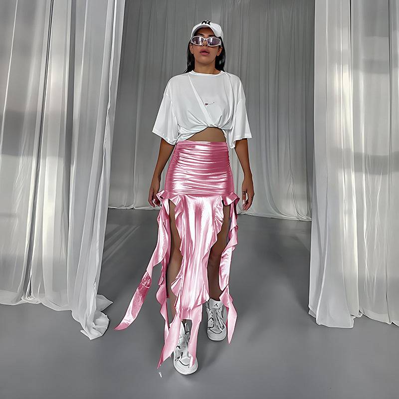 Reflective Metallic Fishtail Skirt with Tassel Accents  S Pink 